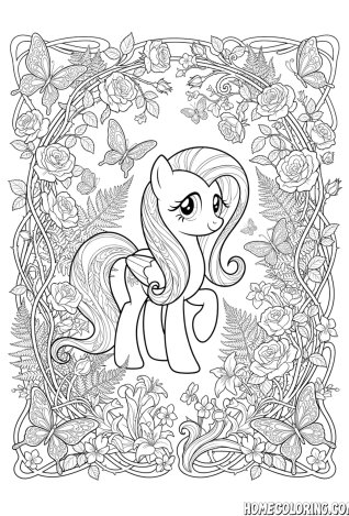 My Little Pony coloring page: a pony framed by roses, ferns and butterflies.