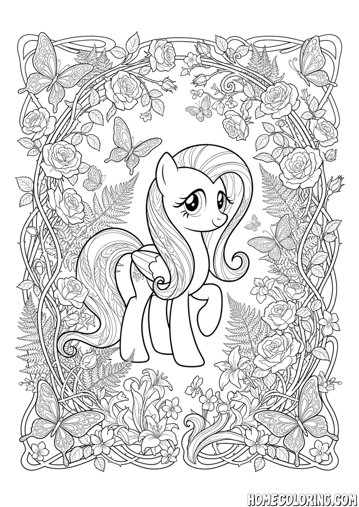 My Little Pony coloring page: a pony framed by roses, ferns and butterflies.