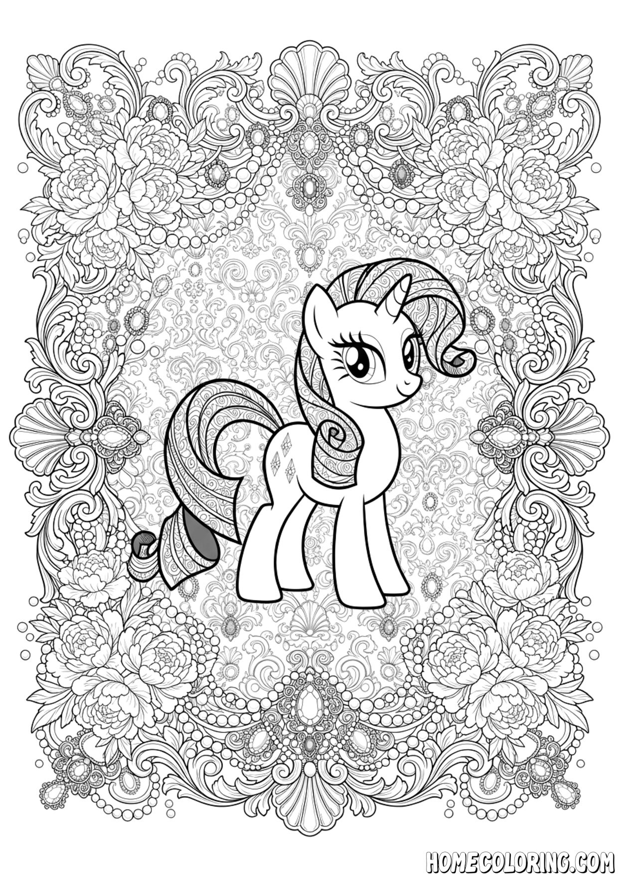 My Little Pony coloring page: a pony framed by an opulent floral jewel mandala.