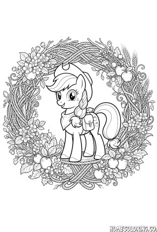 My Little Pony coloring page: a pony standing inside a wreath of apples and blossoms.