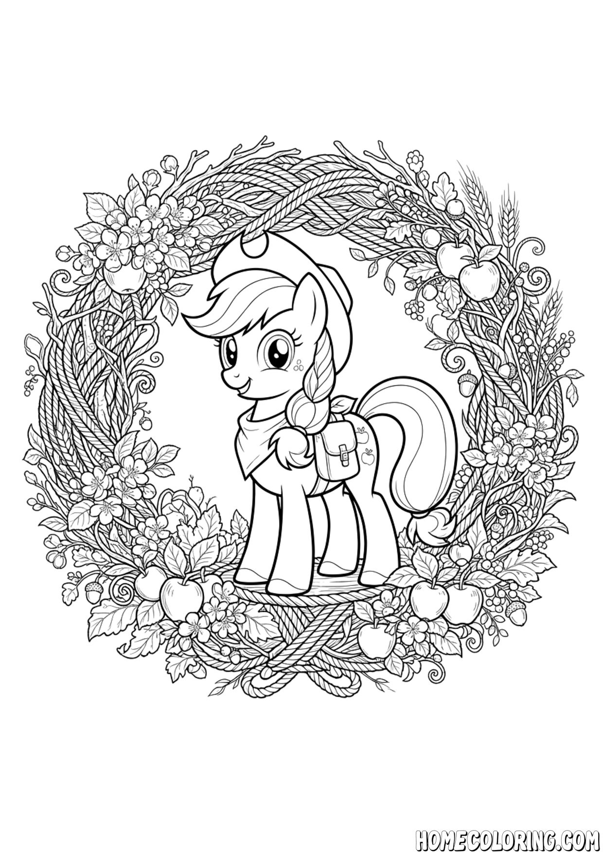 My Little Pony coloring page: a pony standing inside a wreath of apples and blossoms.