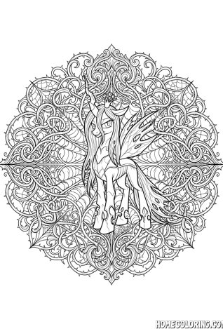 My Little Pony coloring page: a changeling pony at the center of a thorn and vine mandala.