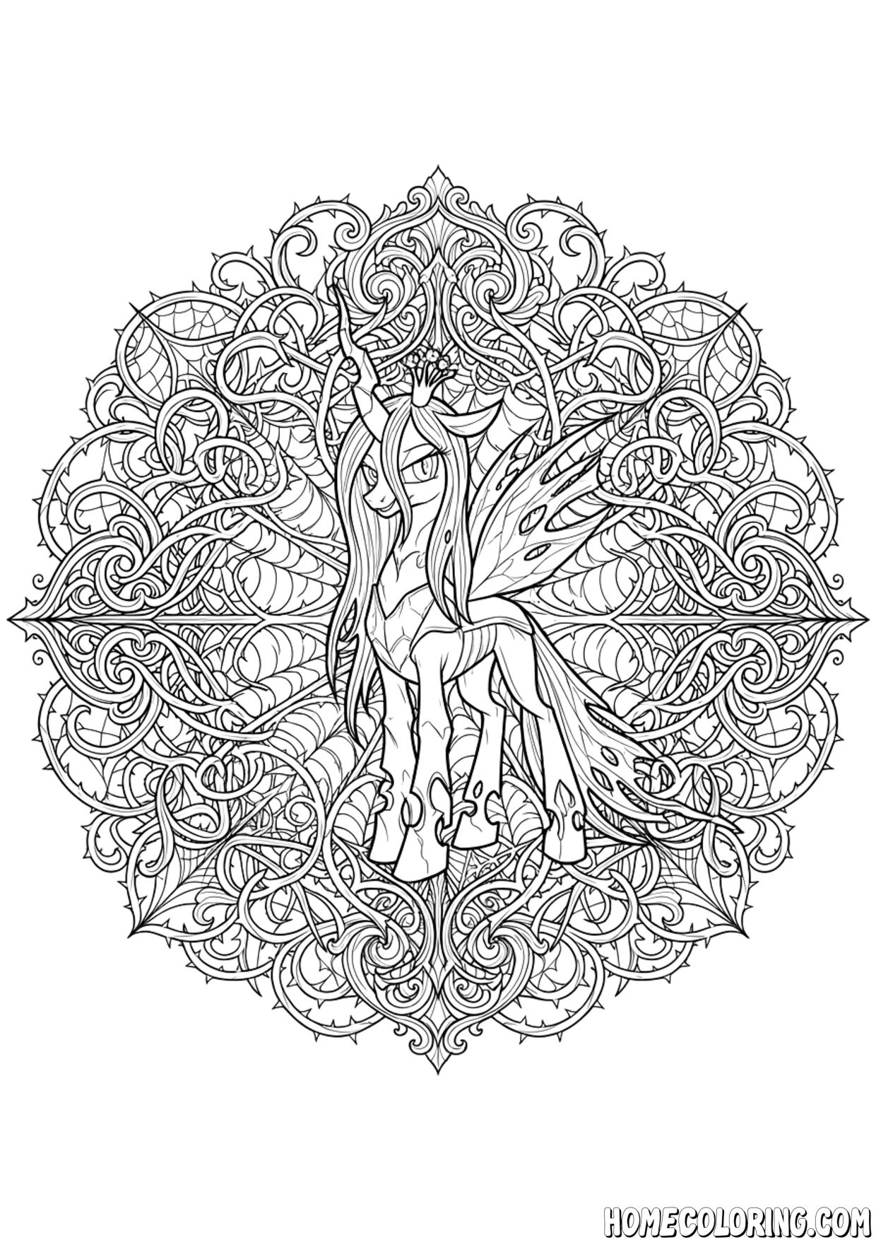 My Little Pony coloring page: a changeling pony at the center of a thorn and vine mandala.