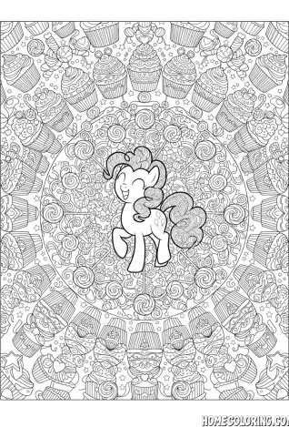 My Little Pony coloring page: a pony at the center of a cupcake and star pattern.