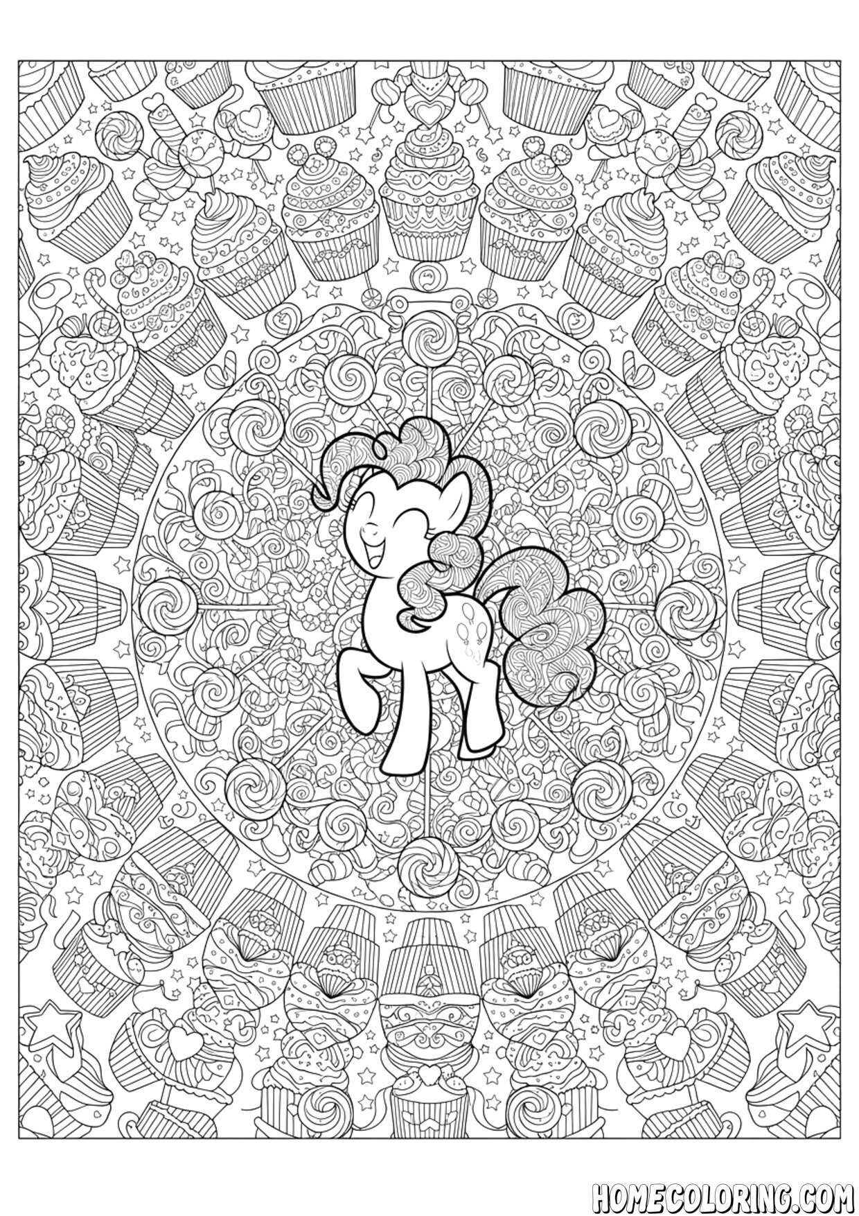 My Little Pony coloring page: a pony at the center of a cupcake and star pattern.