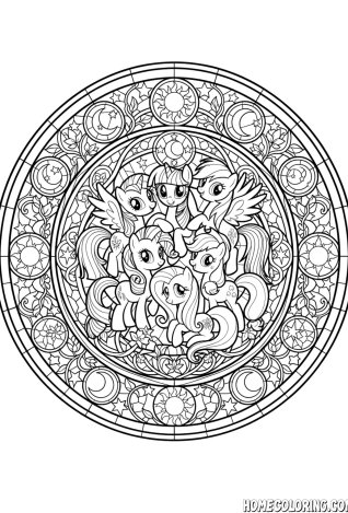 My Little Pony coloring page: six pony friends inside a round sun-and-moon stained-glass mandala.