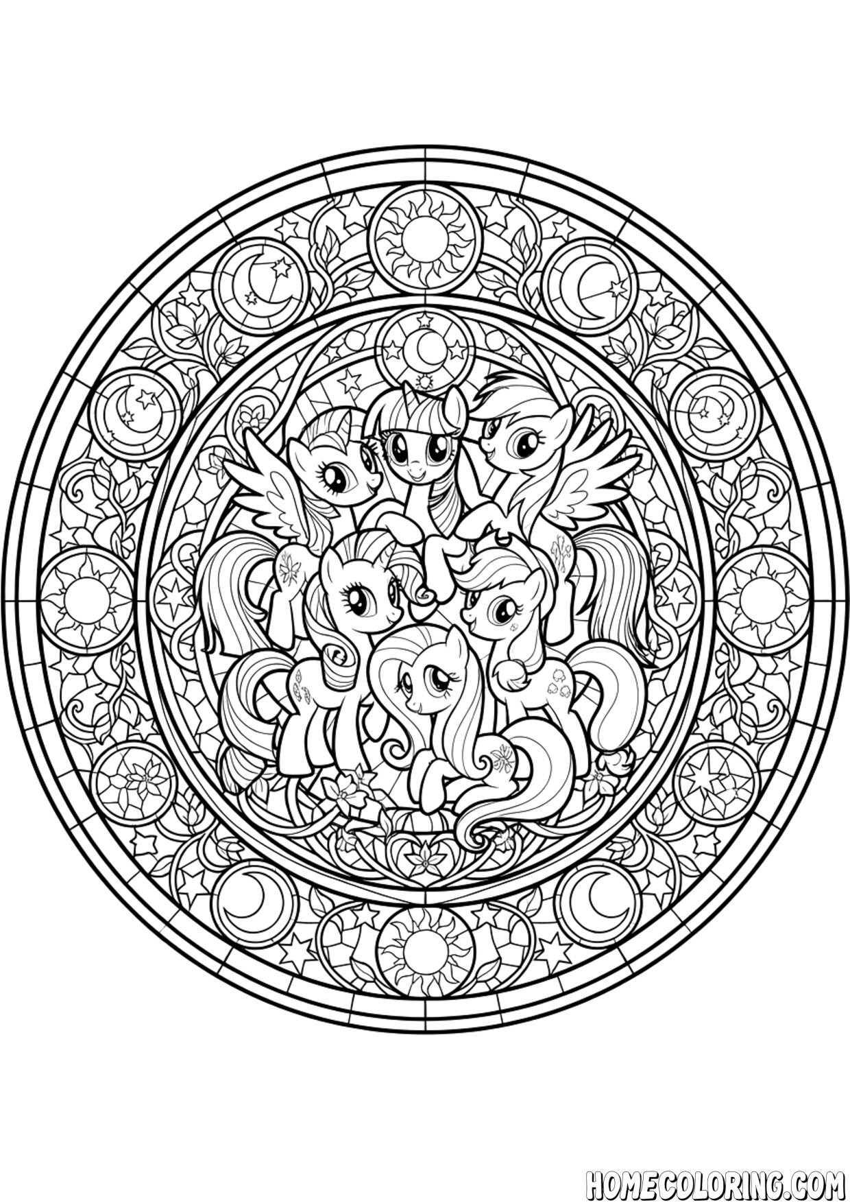 My Little Pony coloring page: six pony friends inside a round sun-and-moon stained-glass mandala.
