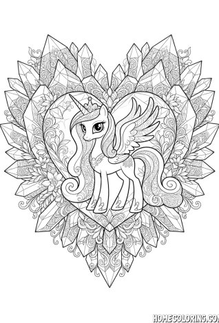 My Little Pony coloring page: a crowned alicorn pony inside a crystal heart mandala of gems.