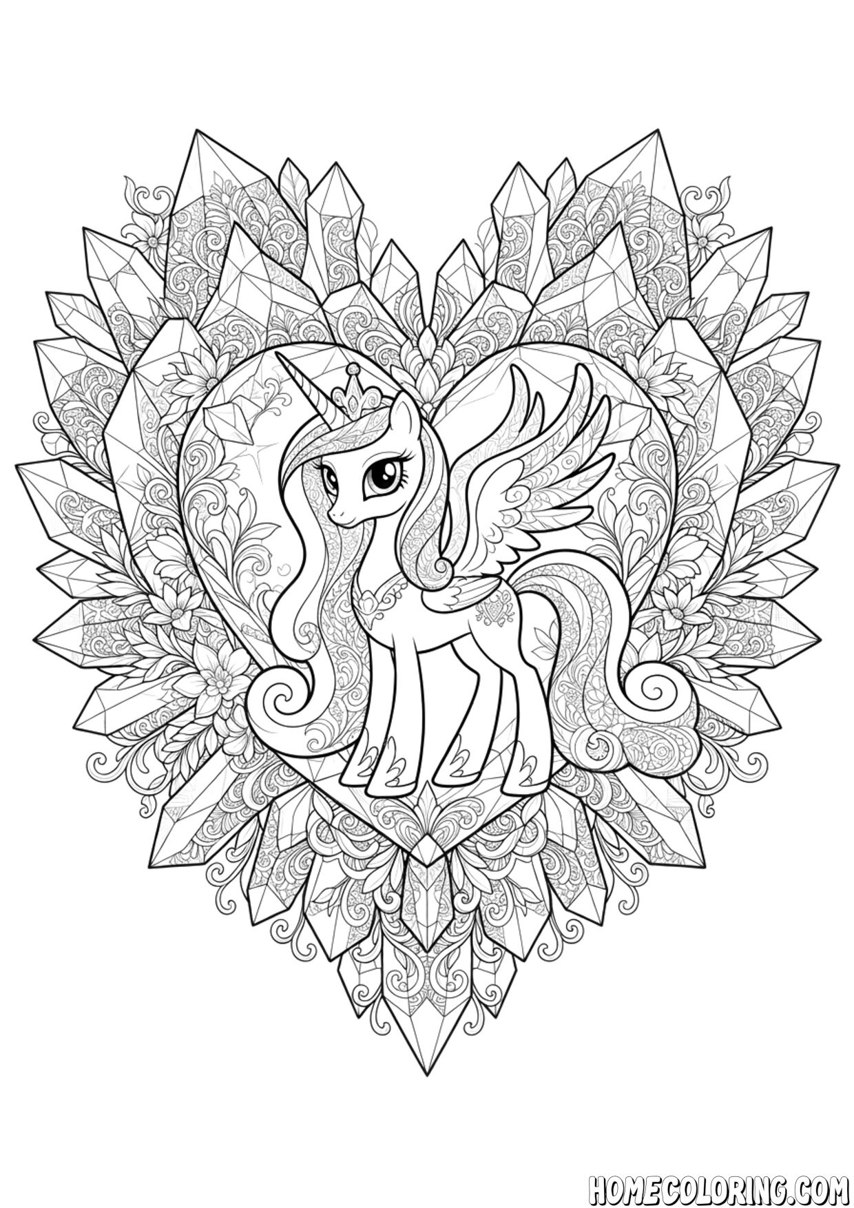 My Little Pony coloring page: a crowned alicorn pony inside a crystal heart mandala of gems.
