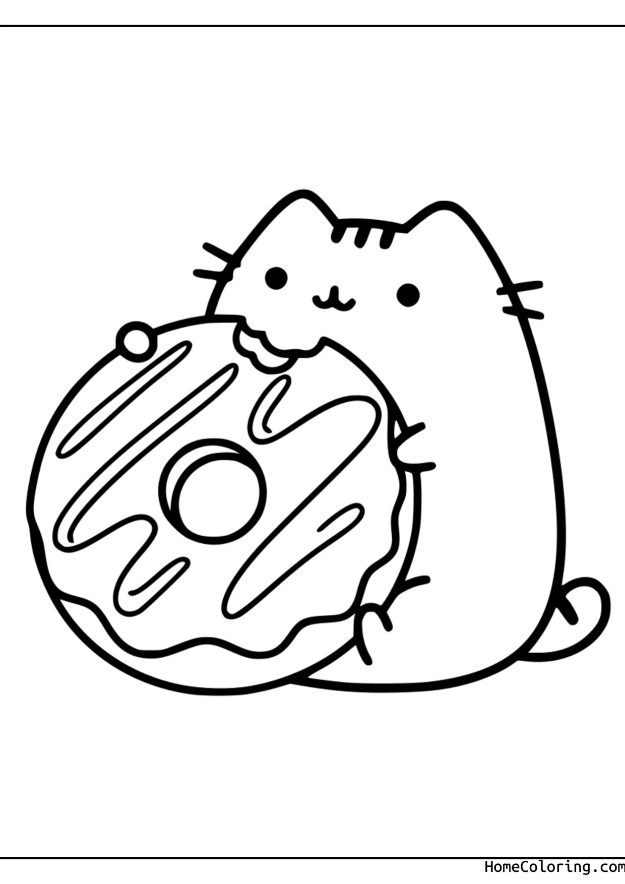Coloring page: Pusheen hugging a giant donut with icing.