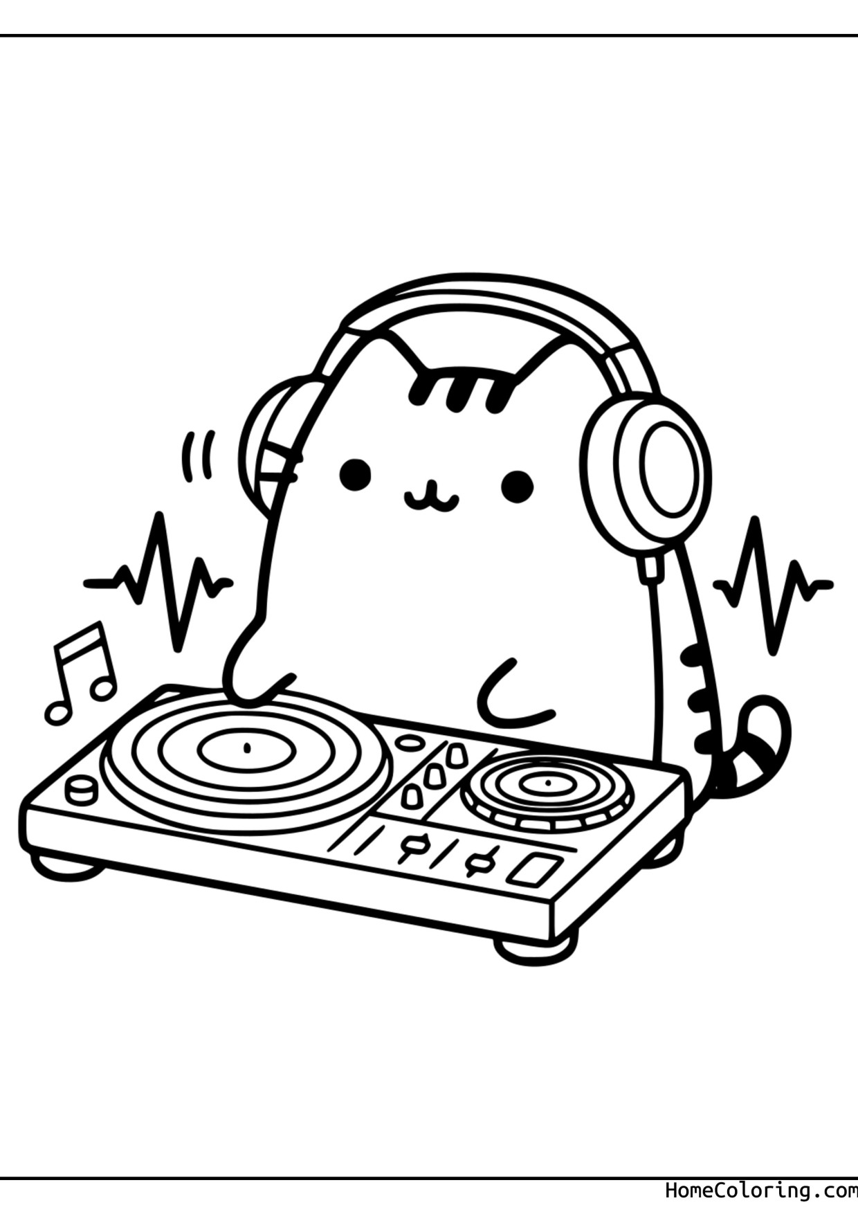 Coloring page: Pusheen as a DJ with headphones at a turntable and music notes.