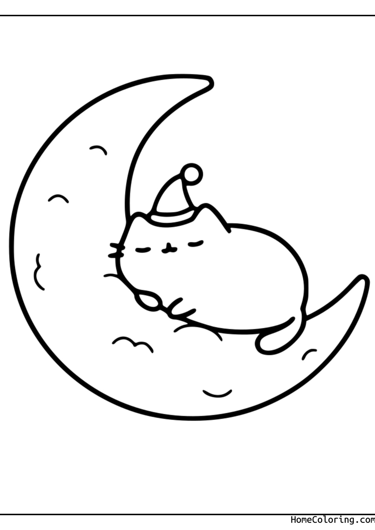 Coloring page: Pusheen in a nightcap lying on a crescent moon.