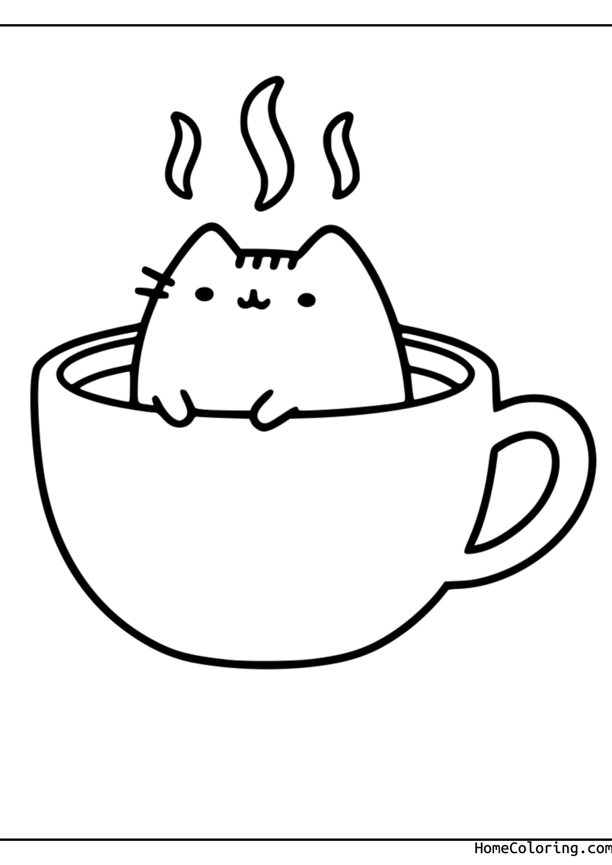 Coloring page: Pusheen sitting in a steaming cup of a warm drink.