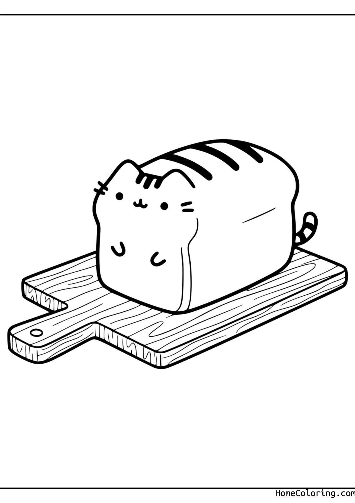 Coloring page: Pusheen shaped like a loaf of bread on a wooden board.