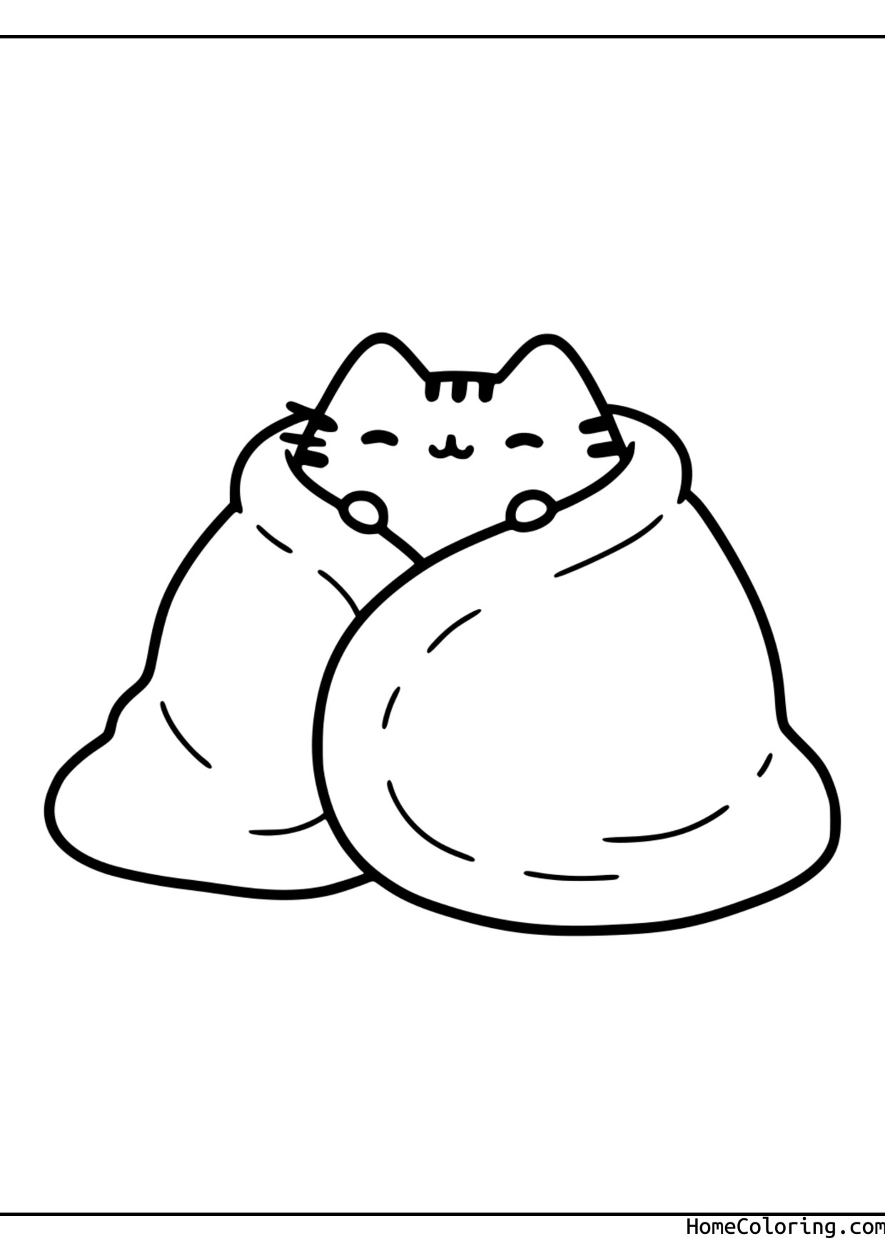 Coloring page: Pusheen snugly wrapped in a warm blanket.