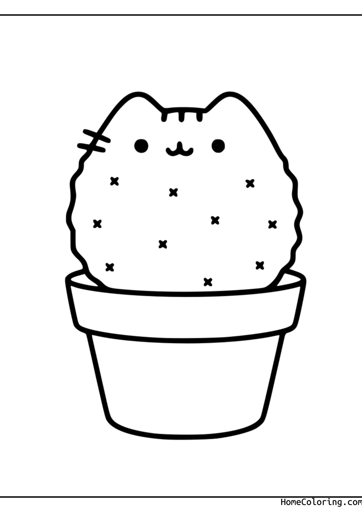 Coloring page: Pusheen as a cactus with little spikes in a flower pot.