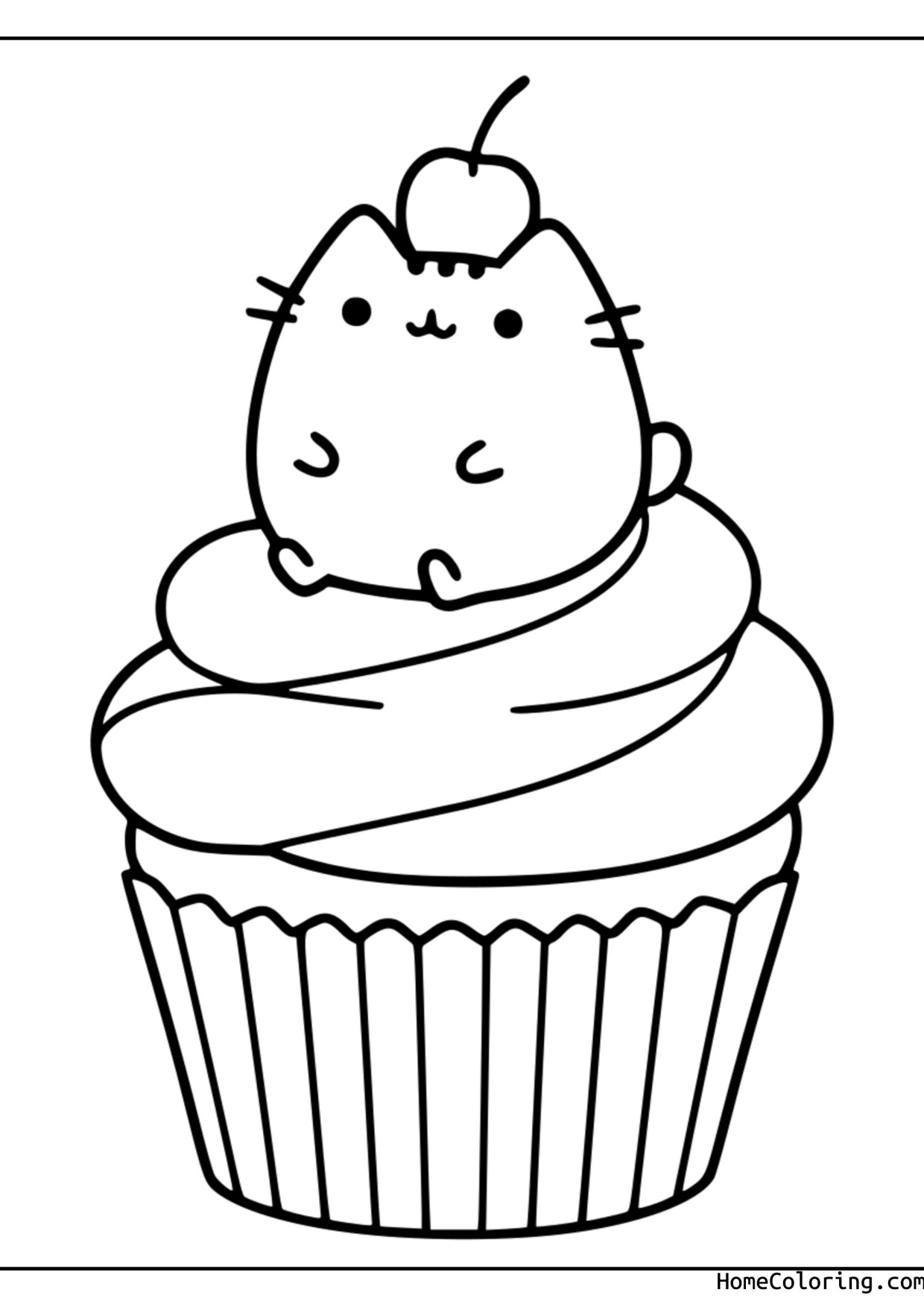 Coloring page: Pusheen as a cupcake with creamy frosting and a cherry on top.