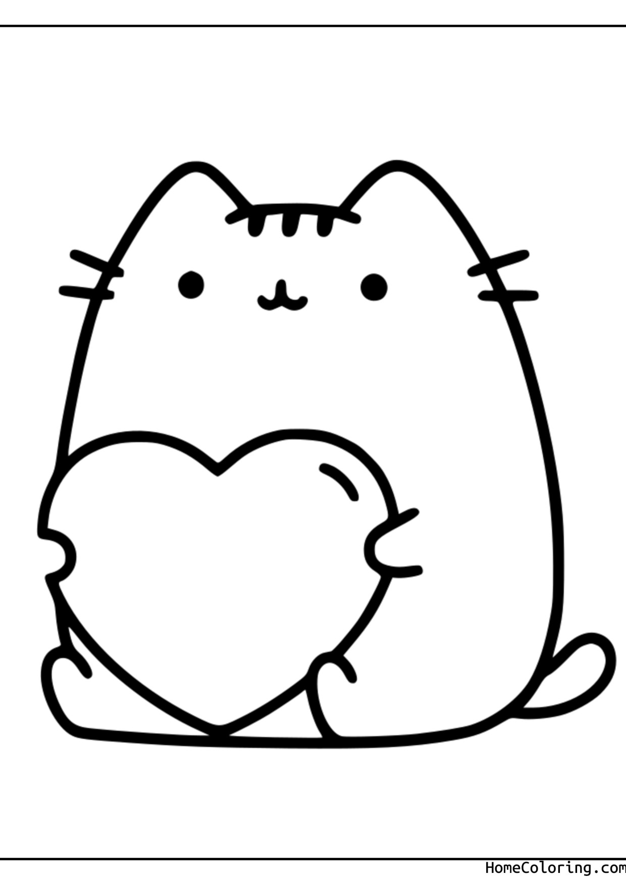Coloring page: Pusheen holding a big heart with both paws.