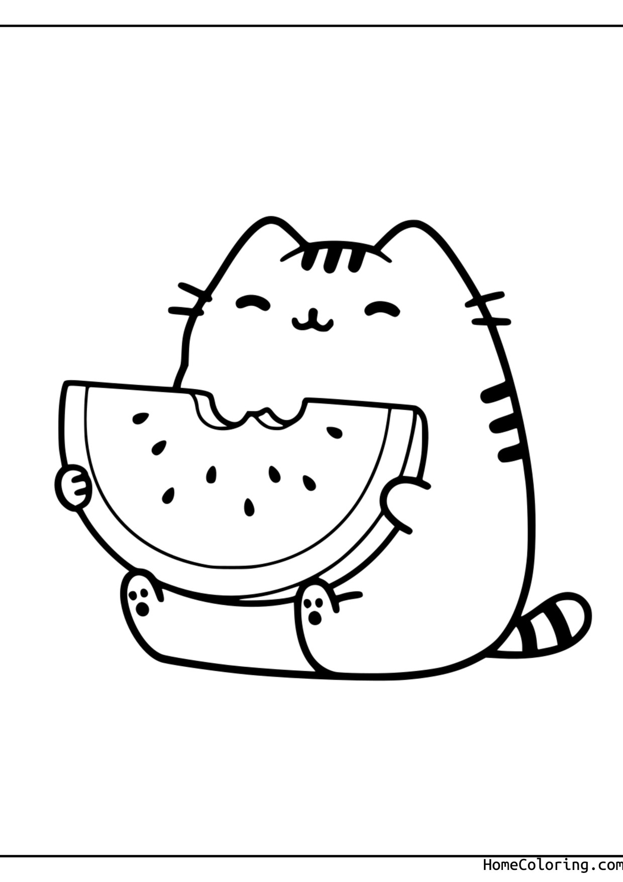 Coloring page: Pusheen eating a big slice of watermelon.