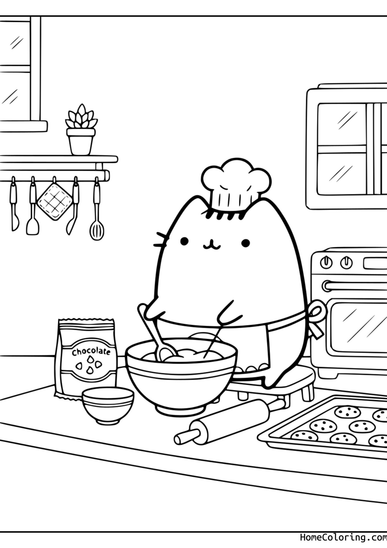 Coloring page: Pusheen wearing a chef hat and stirring dough in a bowl.