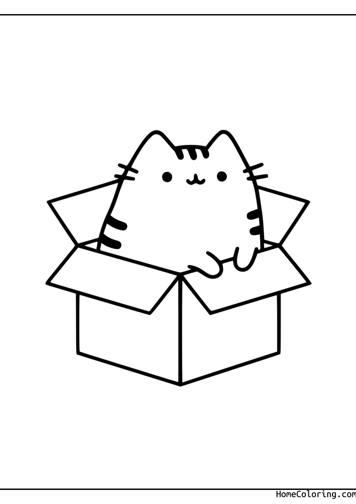 Coloring page: Pusheen peeking out of an open cardboard box.