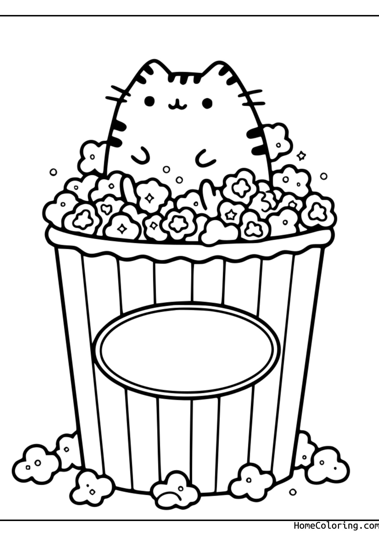 Coloring page: Pusheen sitting in a big bucket of popcorn.