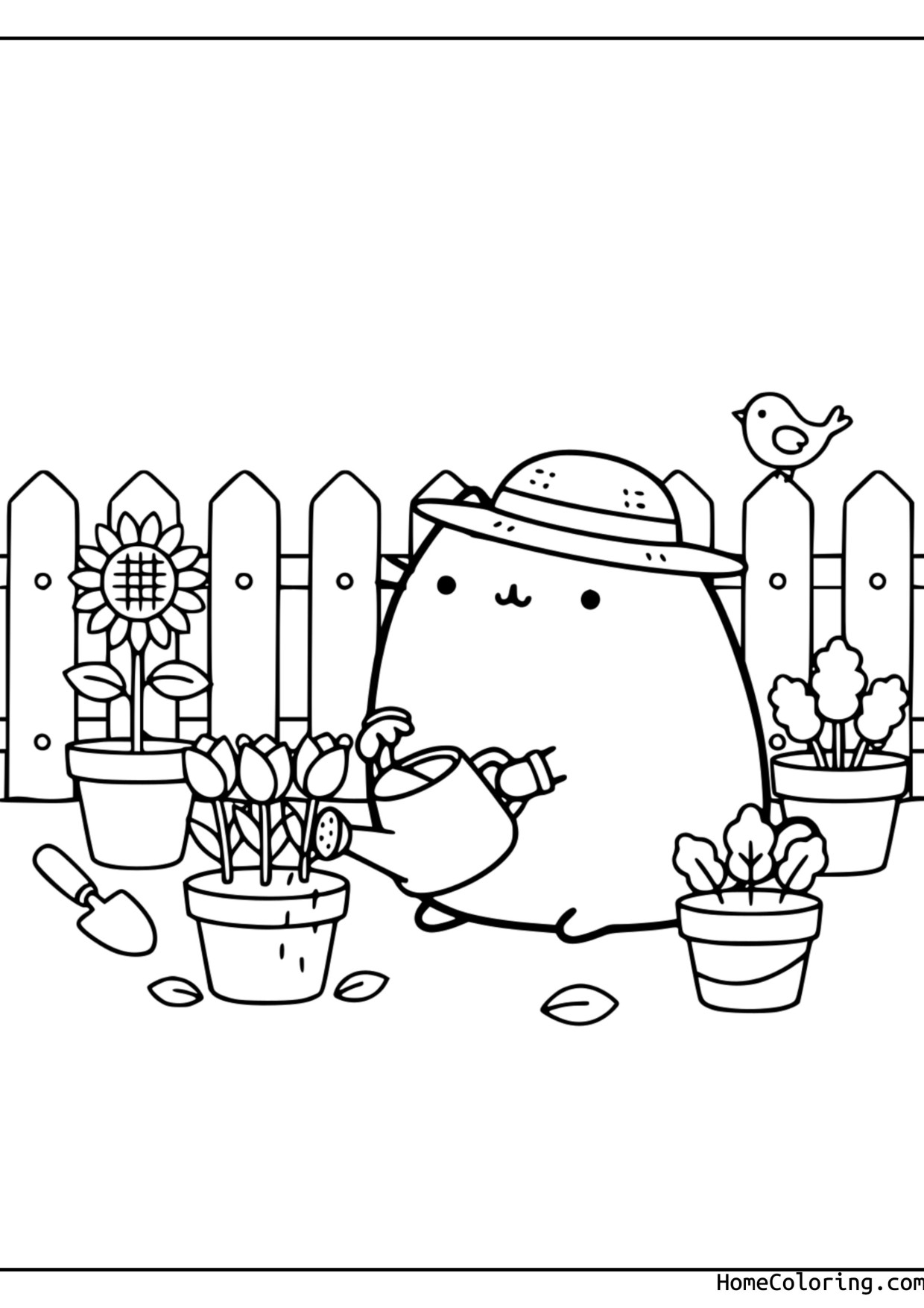 Coloring page: Pusheen in a straw hat watering flowers by a fence and a little bird.