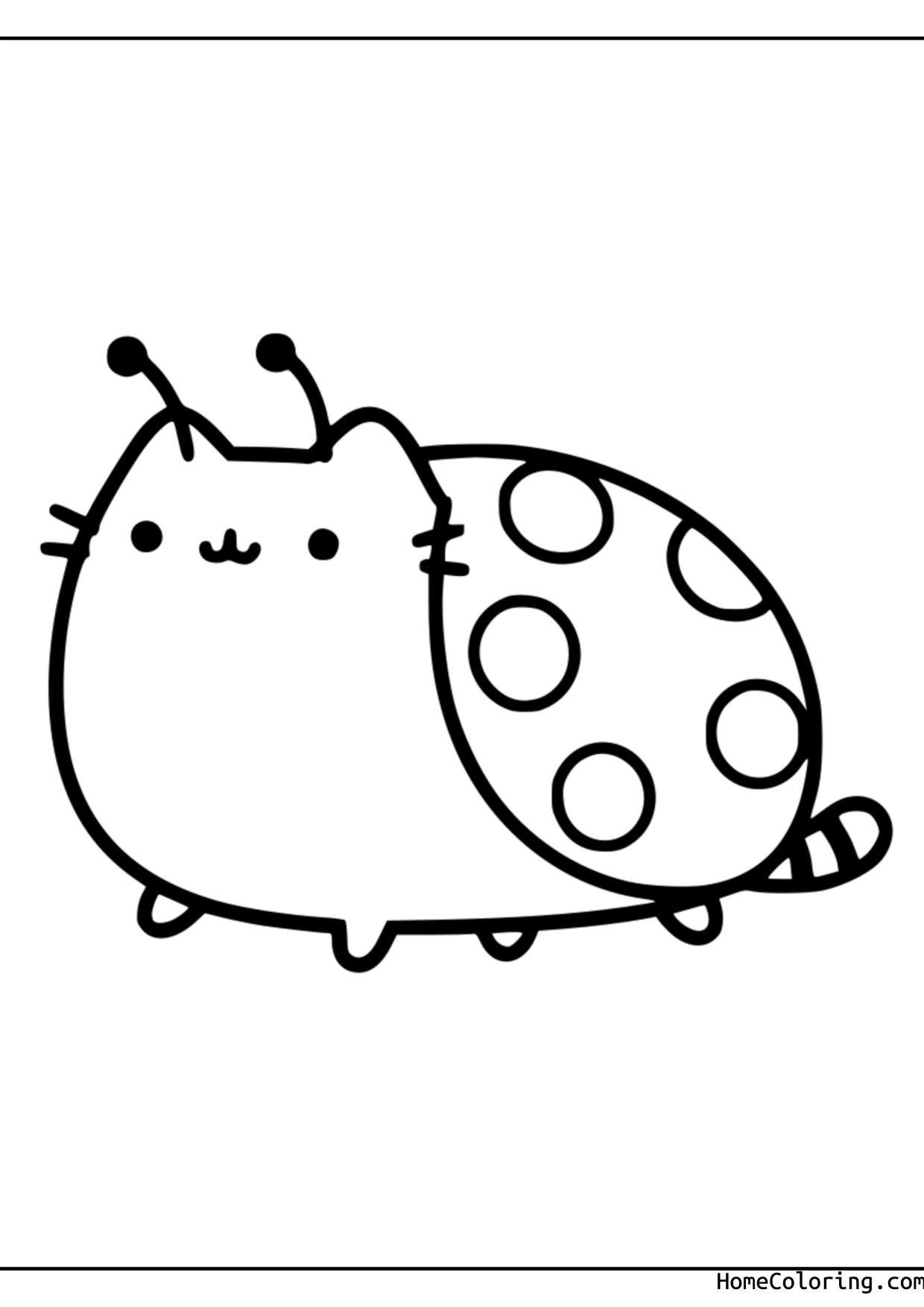 Coloring page: Pusheen as a ladybug with a spotted shell and antennae.