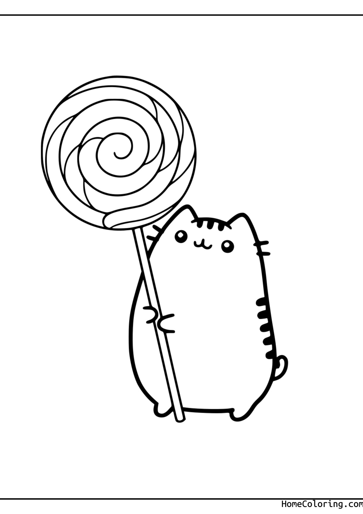 Coloring page: Pusheen holding a big swirly lollipop on a stick.