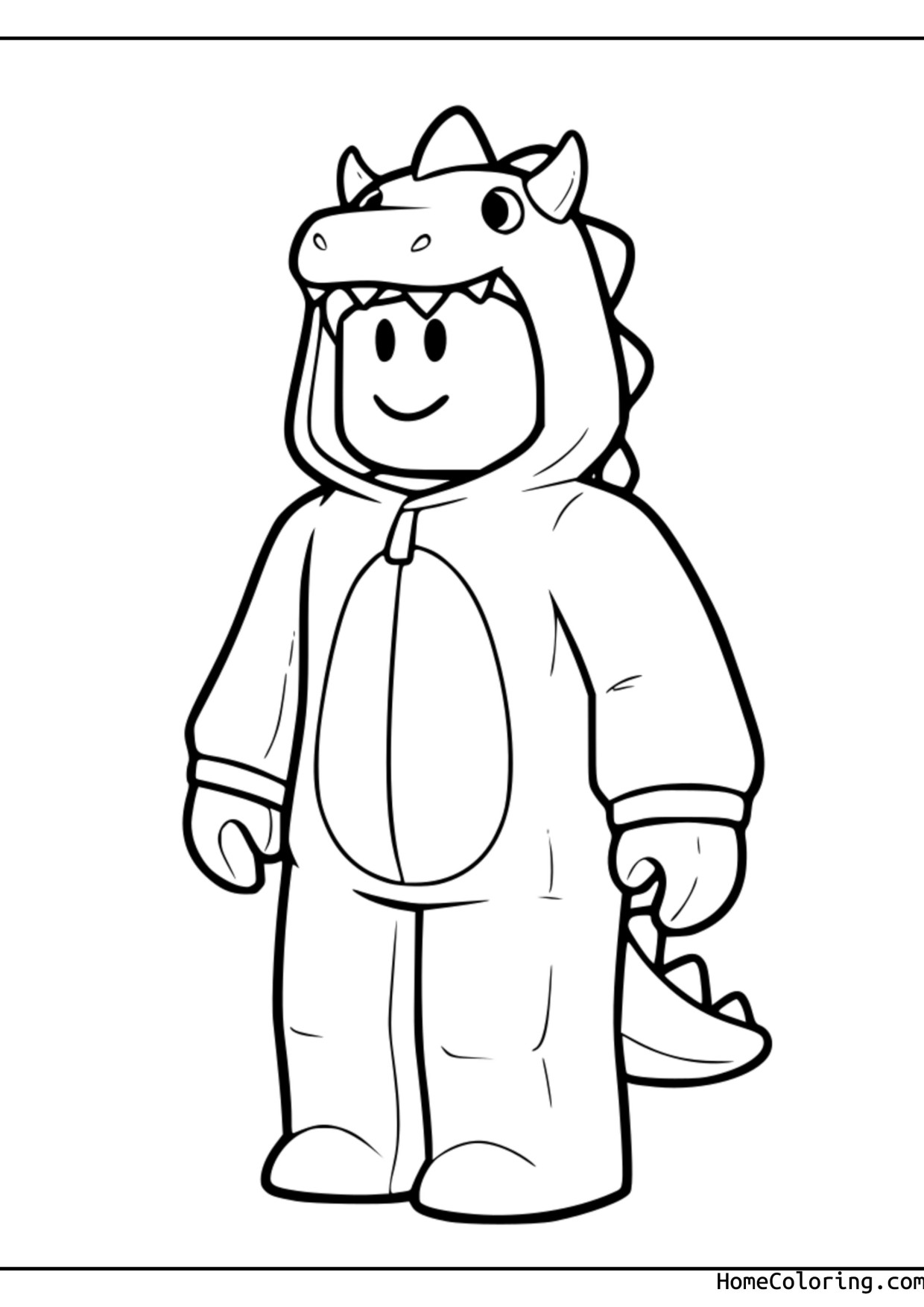 Coloring page: A Roblox character wearing a dragon costume with a hood and wings.