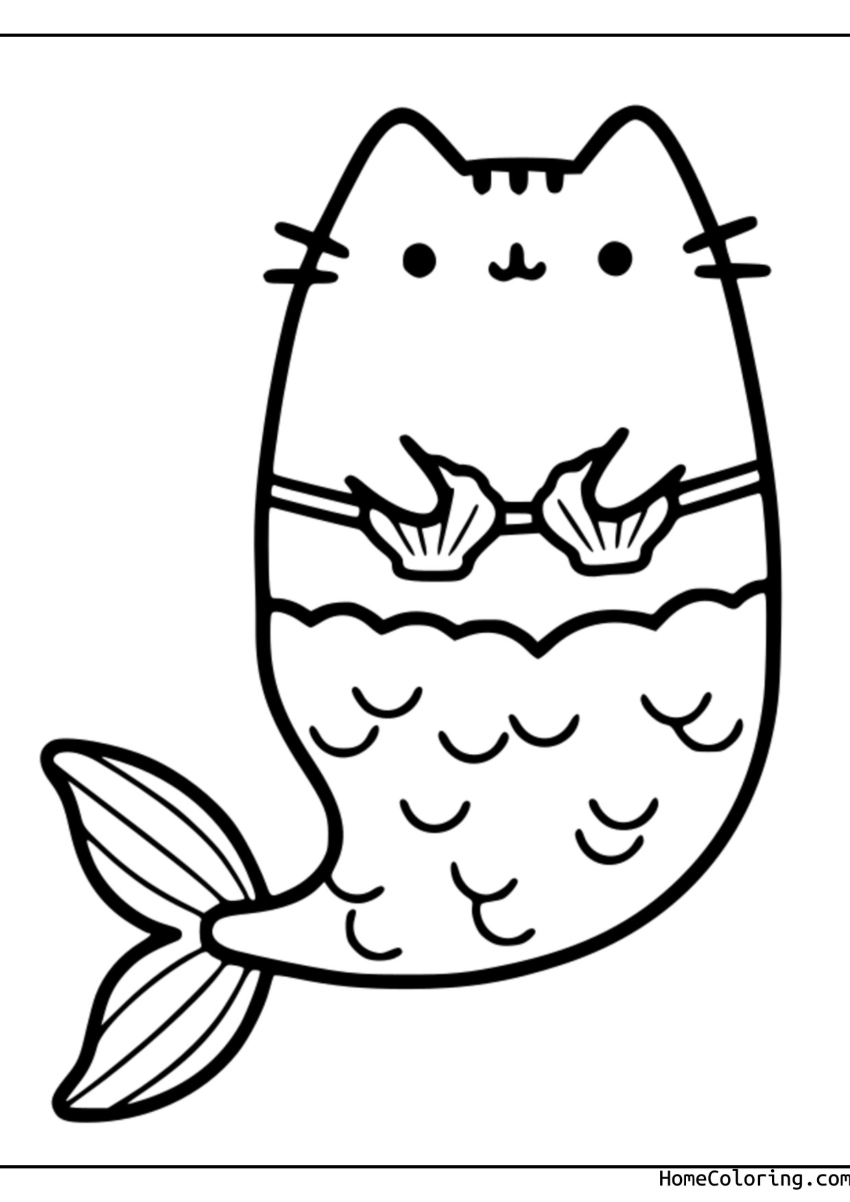 Coloring page: Pusheen as a mermaid with a scaled tail and fins.