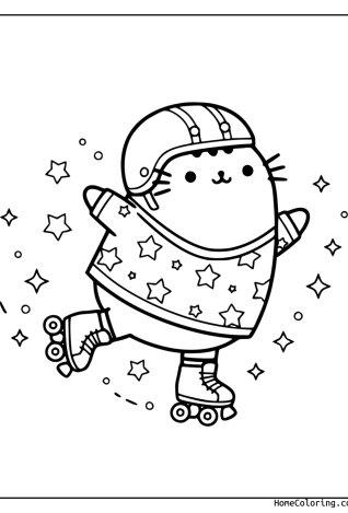 Coloring page: Pusheen wearing a helmet and roller skating among stars.