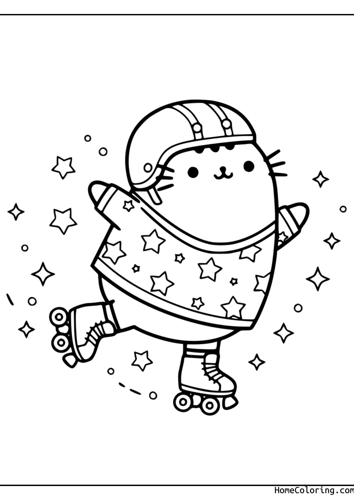 Coloring page: Pusheen wearing a helmet and roller skating among stars.