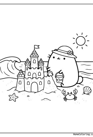 Coloring page: Pusheen at the beach next to a sandcastle in the sun.