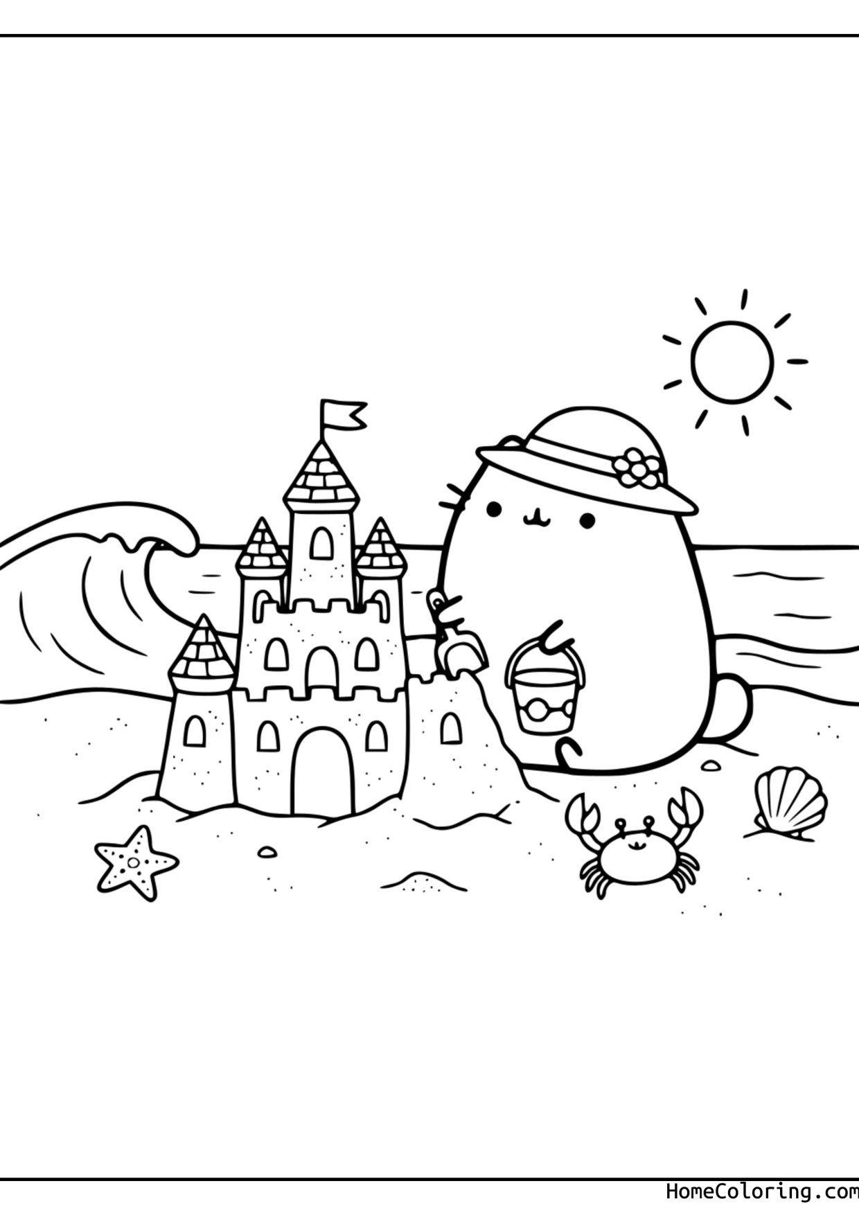 Coloring page: Pusheen at the beach next to a sandcastle in the sun.