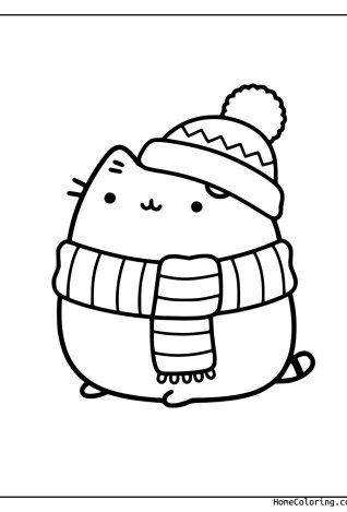 Coloring page: Pusheen wearing a woolly hat and a long scarf.