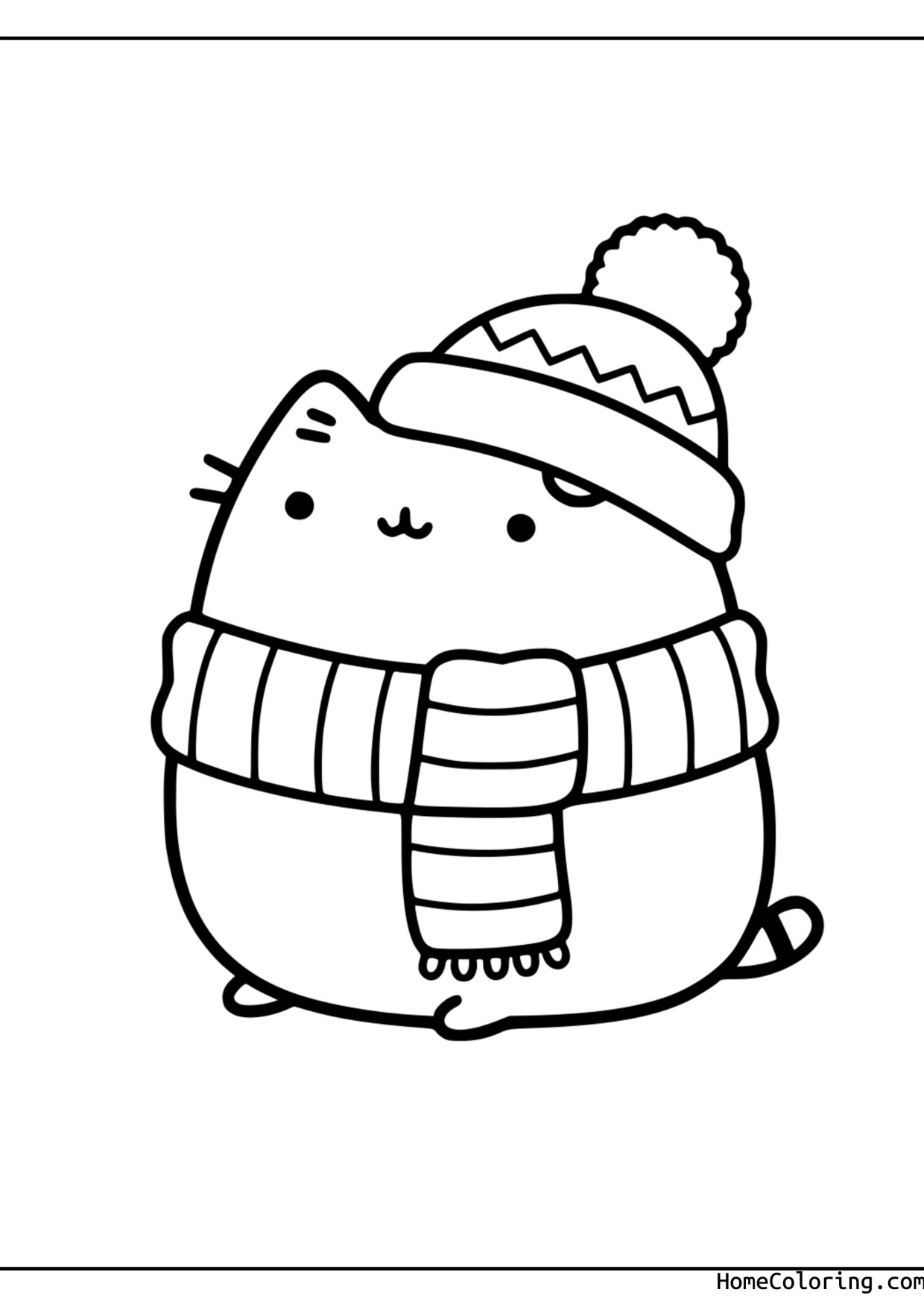 Coloring page: Pusheen wearing a woolly hat and a long scarf.