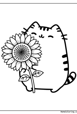 Coloring page: Pusheen holding a big sunflower by its stem.