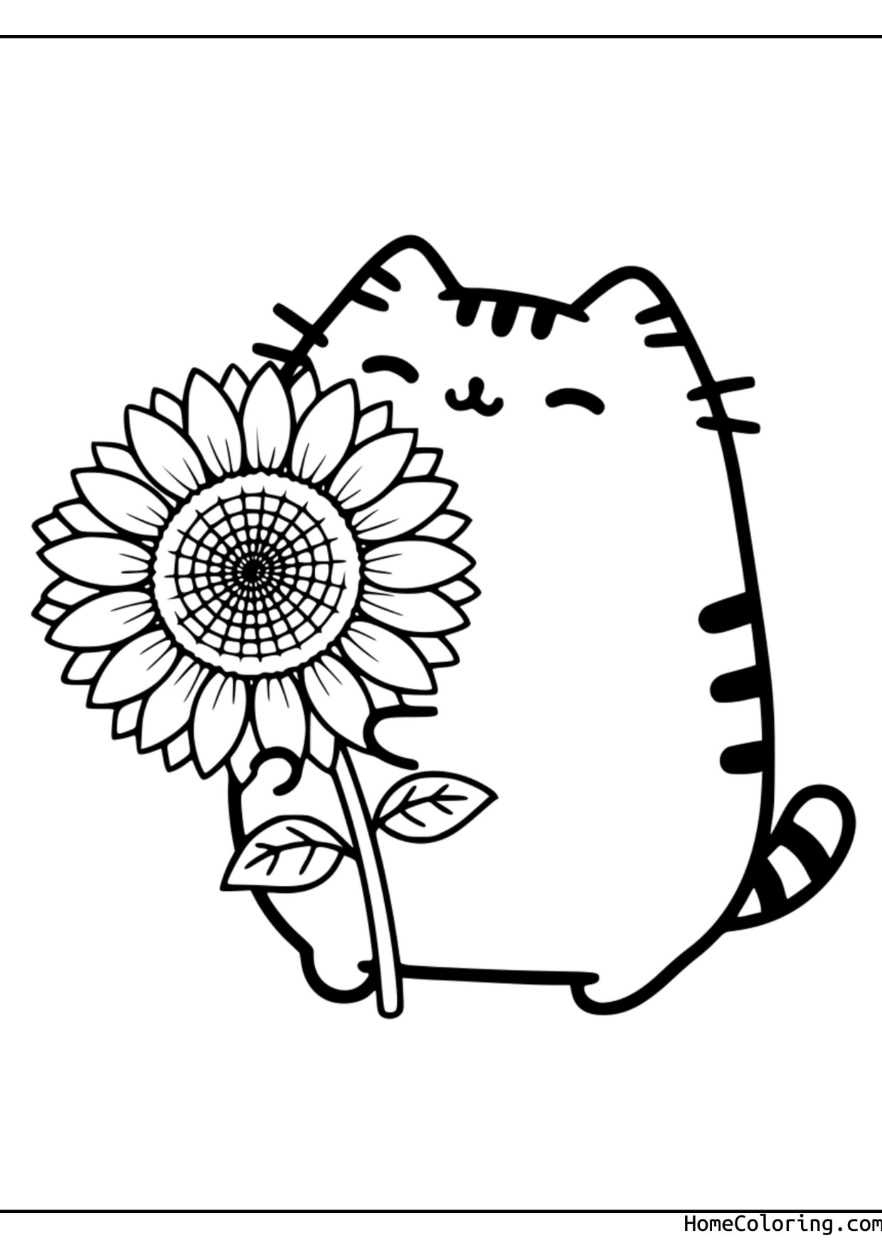 Coloring page: Pusheen holding a big sunflower by its stem.