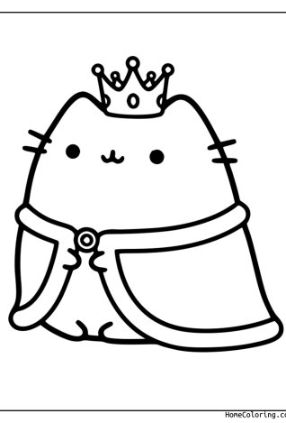 Coloring page: Pusheen as a king with a golden crown and a wide cape.
