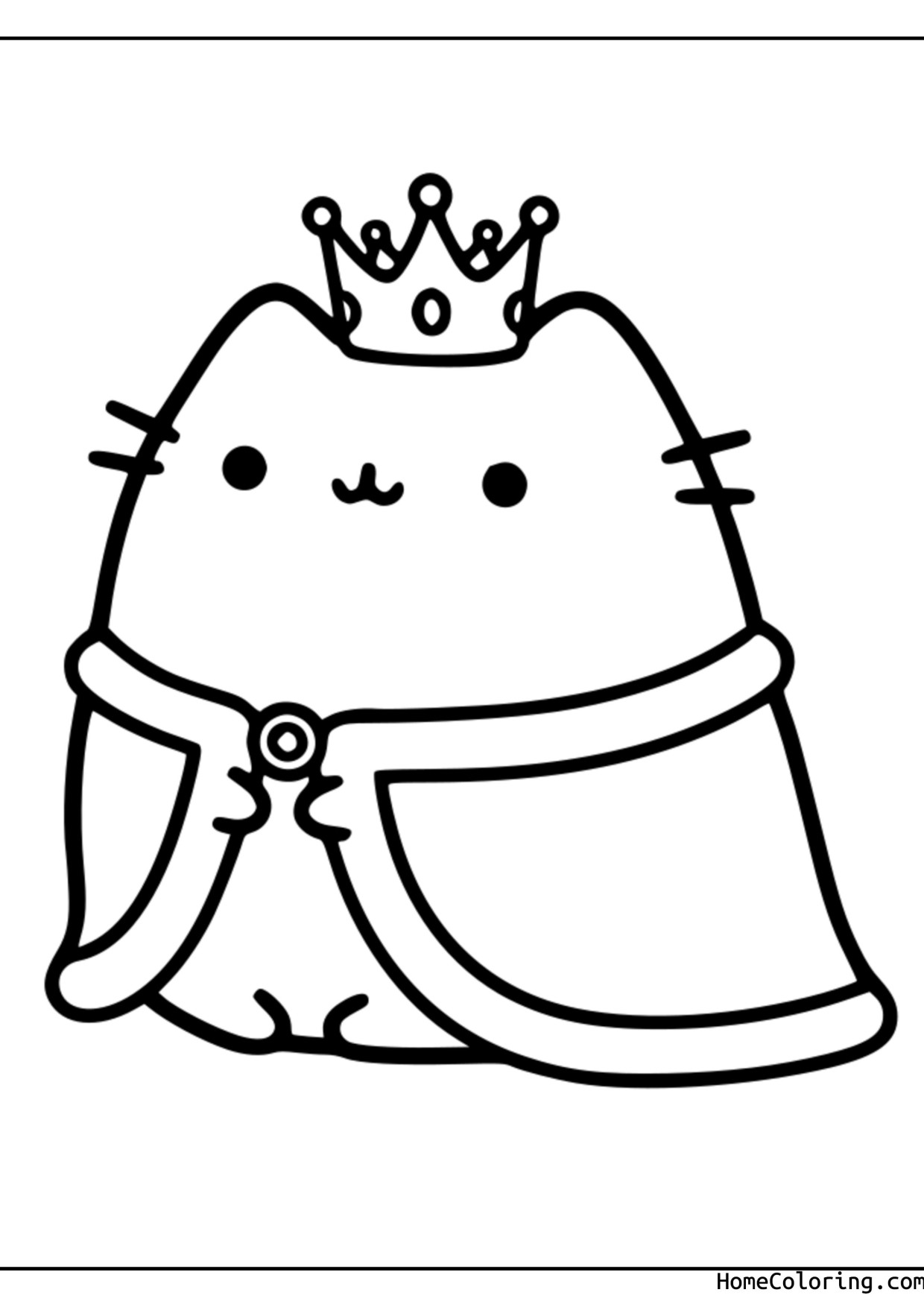 Coloring page: Pusheen as a king with a golden crown and a wide cape.