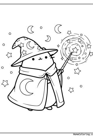 Coloring page: Pusheen as a magician with a pointed hat and a wand among stars and moons.