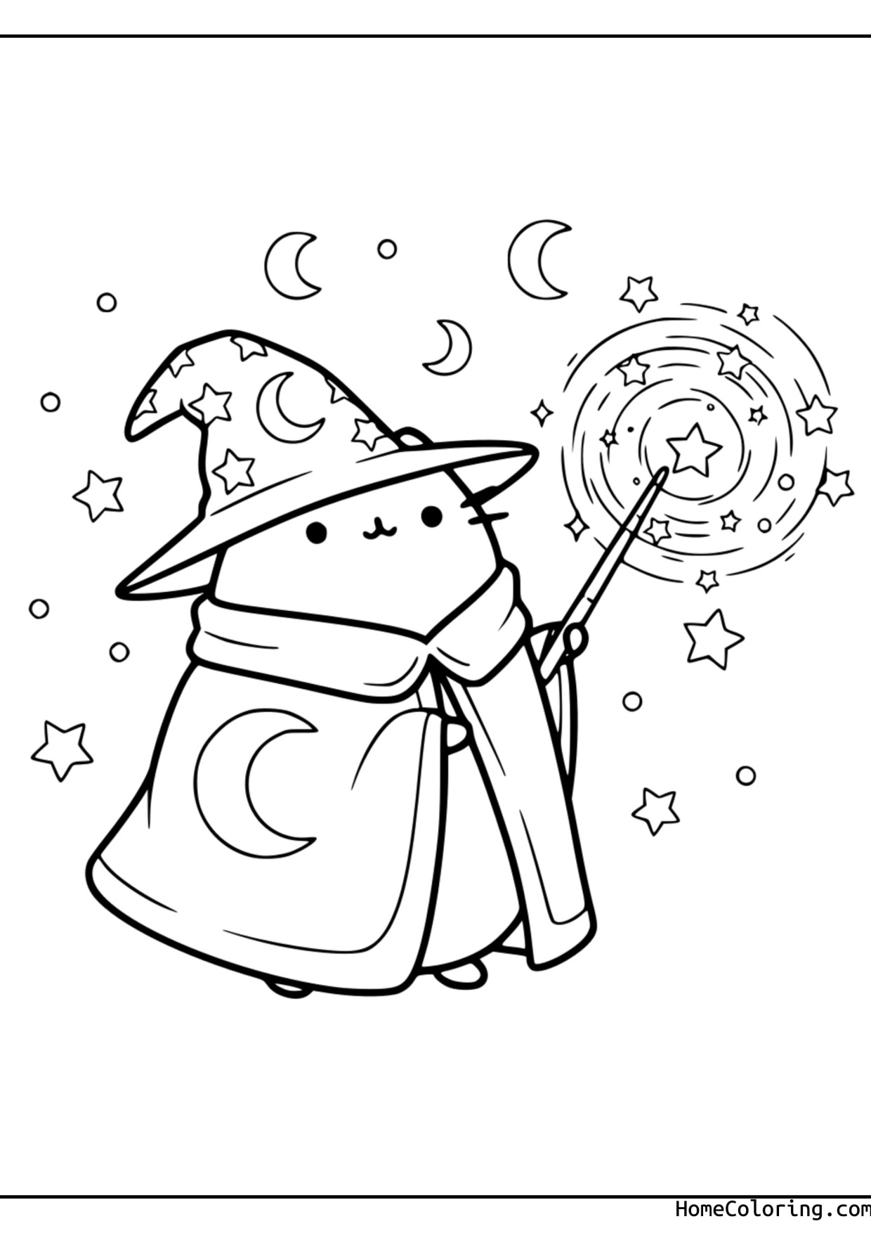 Coloring page: Pusheen as a magician with a pointed hat and a wand among stars and moons.