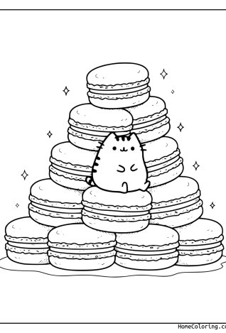 Coloring page: Pusheen sitting on a tall tower of macarons and cookies.