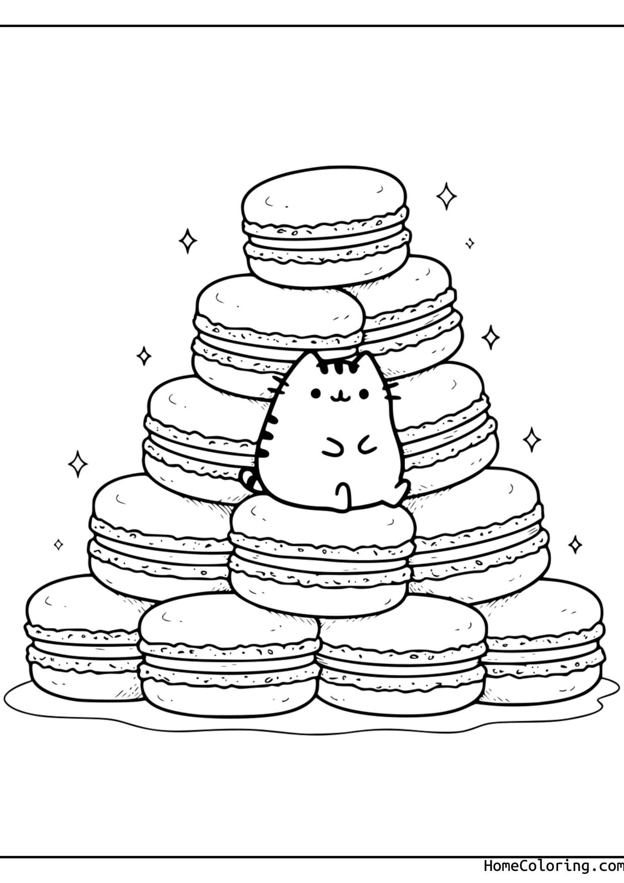 Coloring page: Pusheen sitting on a tall tower of macarons and cookies.