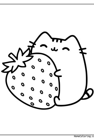 Coloring page: Pusheen hugging a giant strawberry with leaves.