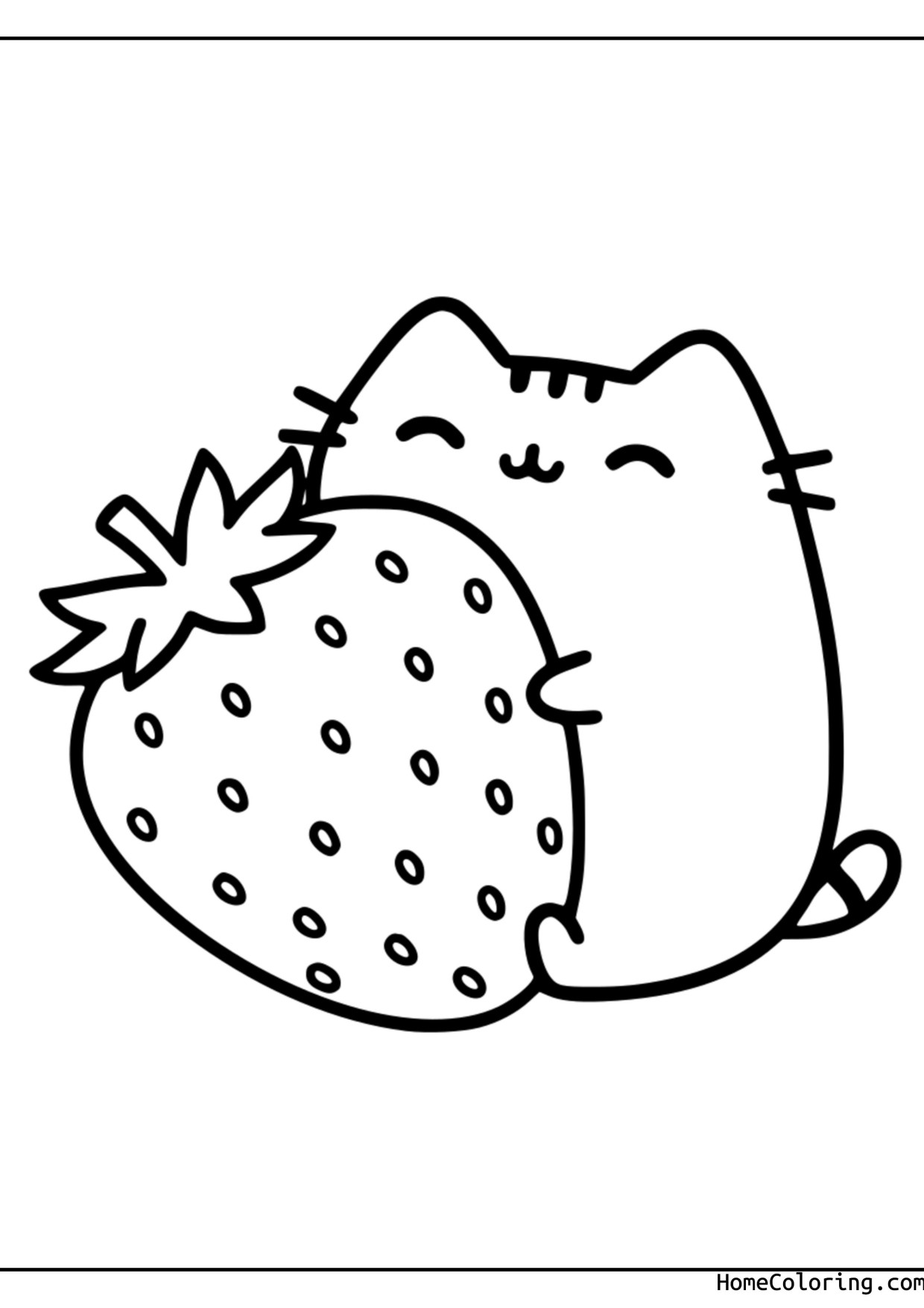 Coloring page: Pusheen hugging a giant strawberry with leaves.