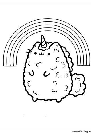 Coloring page: Pusheen as a unicorn with a horn in front of a rainbow.