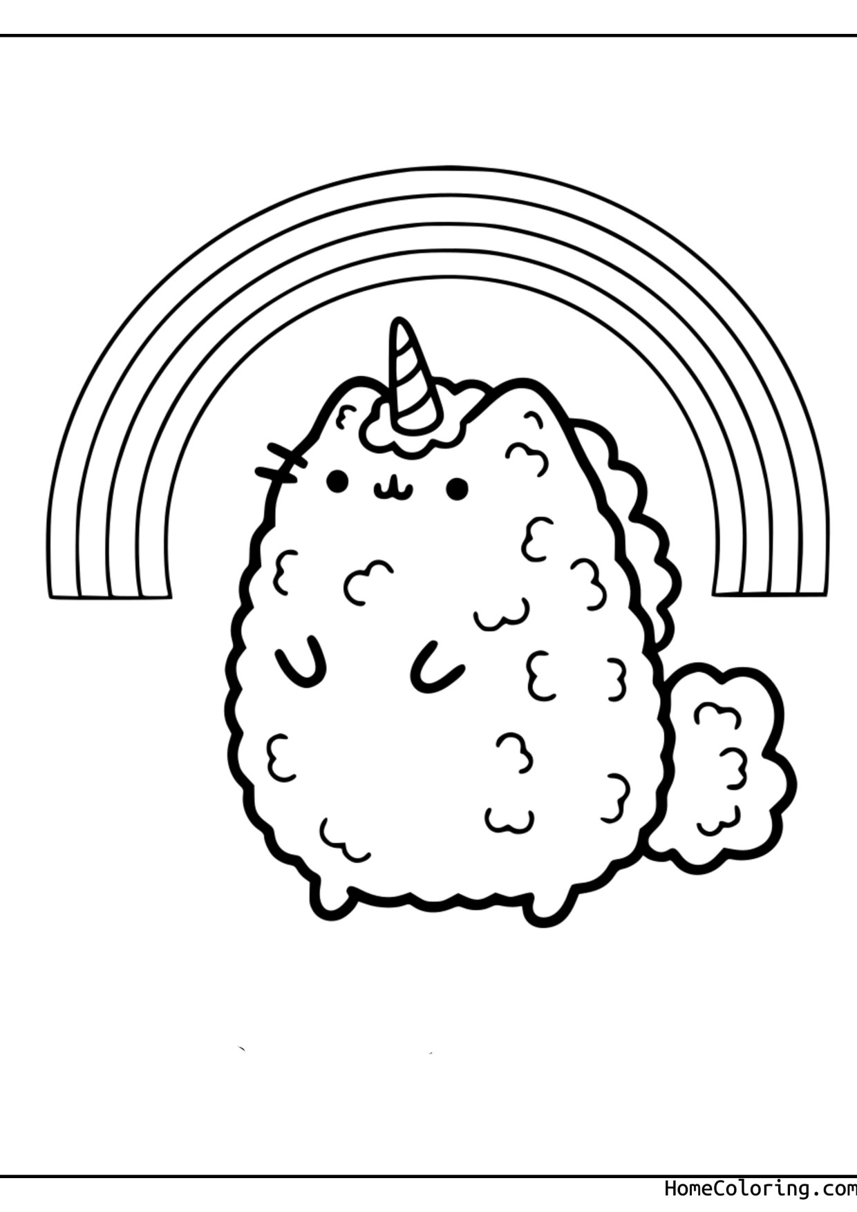 Coloring page: Pusheen as a unicorn with a horn in front of a rainbow.
