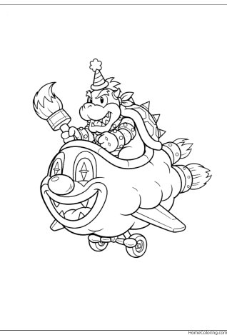 Coloring page: Bowser riding his flying clown car with a propeller and a party hat.